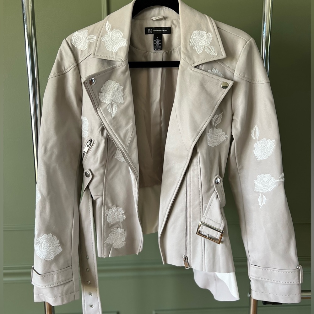 Greige (grey/beige) color leather jacket with white embroidered flowers